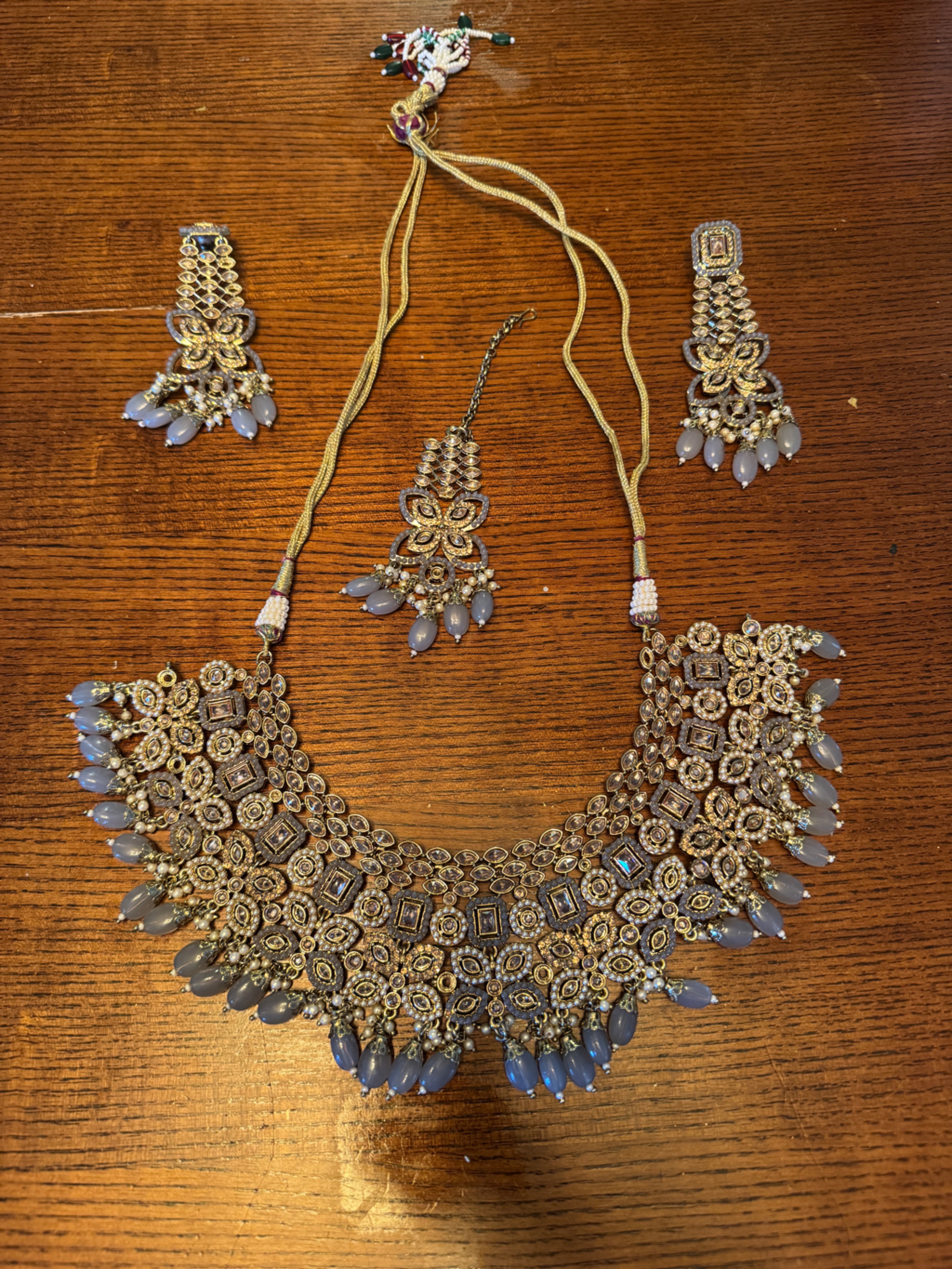 Silver-Tone And Grey/Lavender Statement Necklace Set - Indian Jewelry